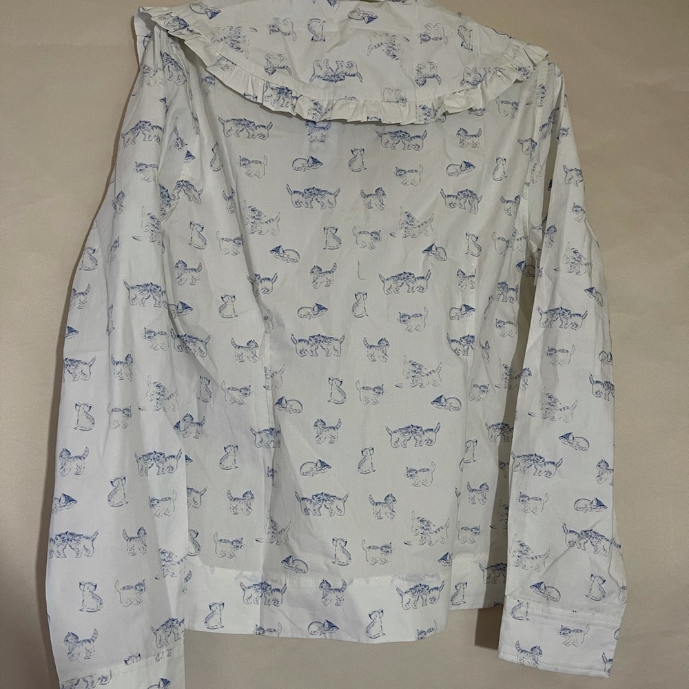 NWT Ganni Ruffled Collar Kitten Print Blouse - Picture 7 of 8